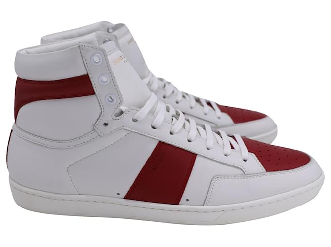 SAINT LAURENT SL/10 Tênis alto Court Classic em couro branco e vermelho  ref.1363131