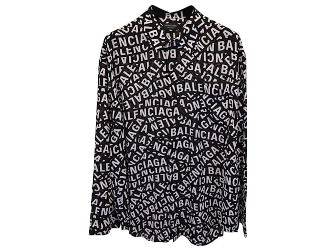 Balenciaga Logo Print Long Sleeve Button-Up Shirt in Black Silk  ref.1363132