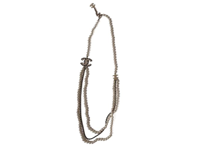 Chanel Collier CC B20C en cuir avec grand logo, cristaux et perles en 2 rangées Blanc  ref.1363705