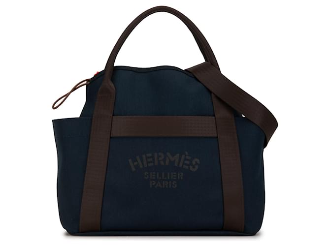 Hermès Bolsa de higiene Hermes Azul Sac de Pansage Castanho escuro Lona Pano  ref.1363739