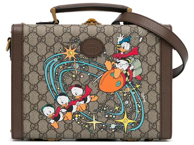 Estojo de vaidade Gucci Brown x Disney GG Supreme Pato Donald Savoy Marrom Bege Couro Lona Bezerro-como bezerro Pano  ref.1363798