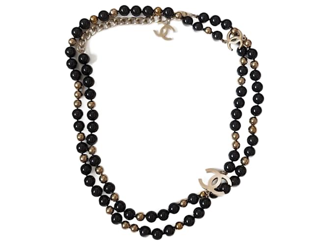 Chanel CC B16S GHW Logo Black and Golden Pearl Long Necklace Metal  ref.1363836