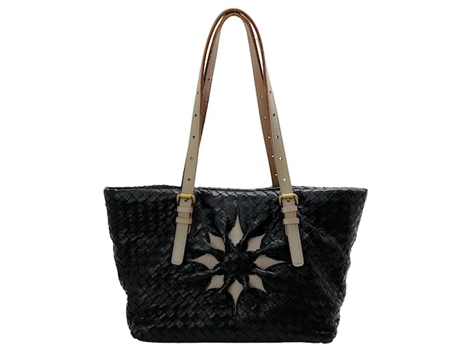 Autre Marque Bottega Veneta Black Leather Intrecciato Tote Bag with Canvas Star  ref.1365067