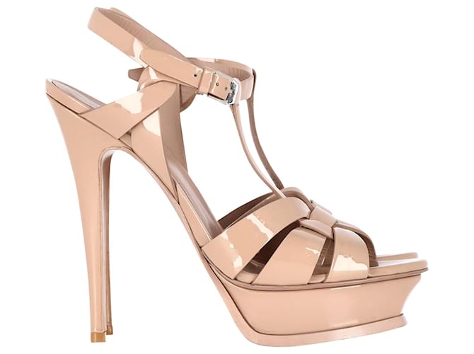 Saint Laurent Tribute Platform Sandals in Nude Patent Leather Brown Flesh  ref.1365492