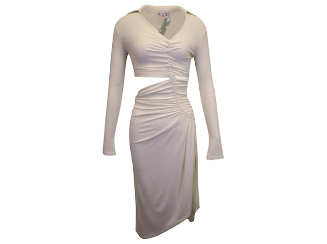 Off White Off-White Asymmetric Cutout Ruched Stretch Dress in Cream Viscose Cellulose fibre  ref.1365493