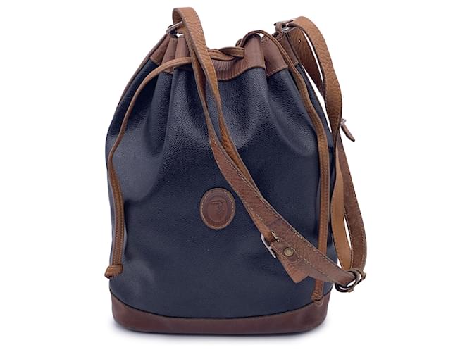 Trussardi Vintage Black Canvas Brown Leather Bucket Shoulder Bag Cloth  ref.1365531