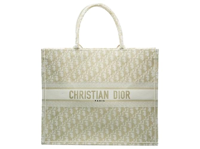 Christian Dior bolso tote tipo libro grande con bordado oblicuo en oro blanco Dorado Metálico Lienzo  ref.1365533
