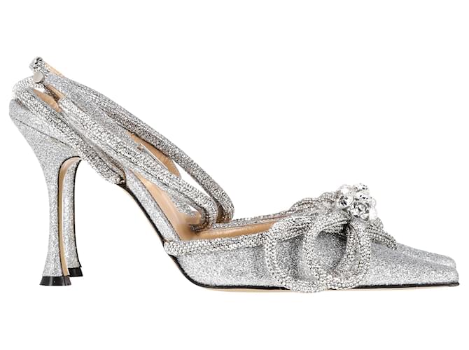 Mach & Mach Crystal-Embellished Double Bow Pumps in Silver Glitter Canvas Silvery Metallic  ref.1365544