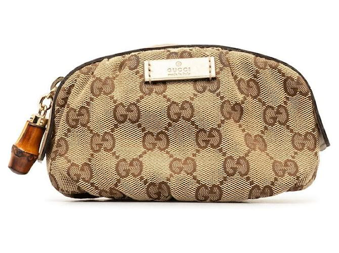 Gucci GG Canvas Bamboo Pouch Beige Gold Leather in Very Good Condition Cloth  ref.1365591