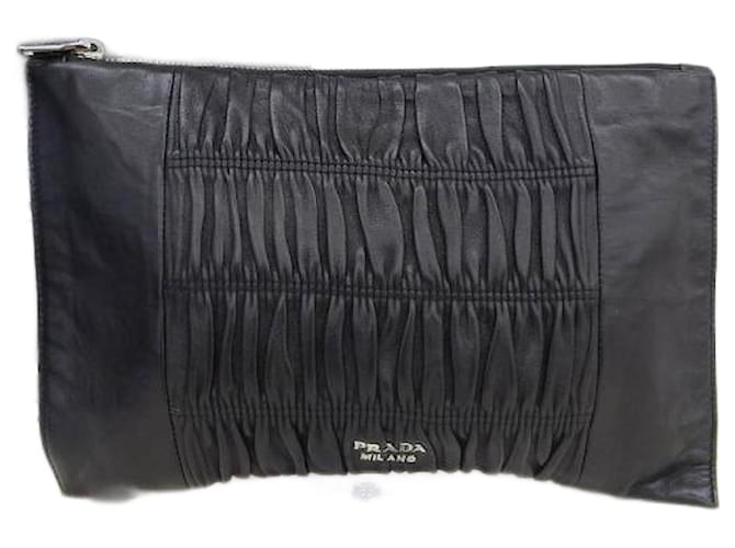 Prada Nappa Gaufre Clutch Bag in Very Good Condition Black Leather  ref.1365595