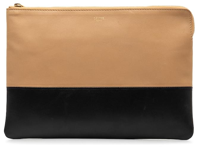 Céline Celine Brown Solo Bicolor Clutch Bag Beige Leather Pony-style calfskin  ref.1366174