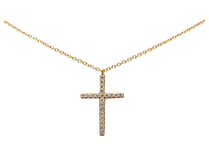 Tiffany & Co Tiffany Gold 18K Yellow Gold Diamond Medium Metro Cross Pendant Necklace Golden Metal  ref.1366252