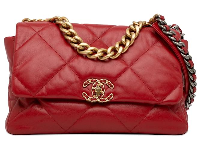 Grand cuir d'agneau rouge Chanel 19 à rabat  ref.1366259