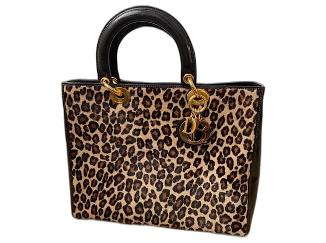 Lady Dior large size Brown Leopard print Leather  ref.1366516