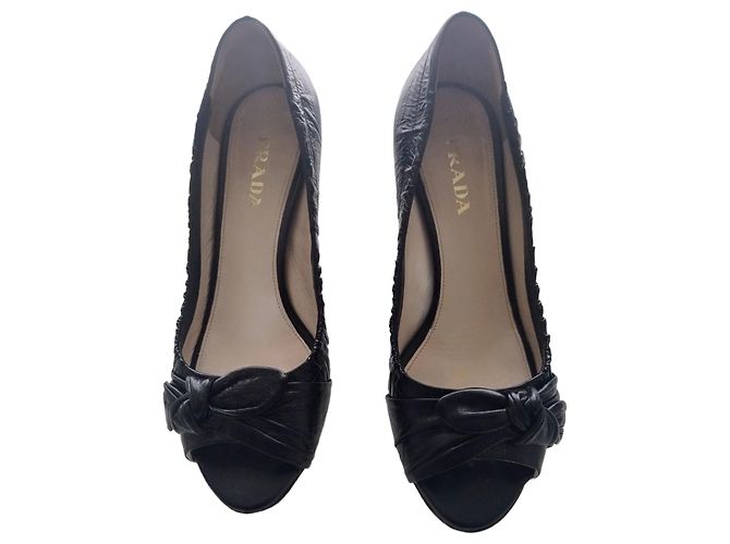 Prada Peep-toe Black Embossed Leather Pumps