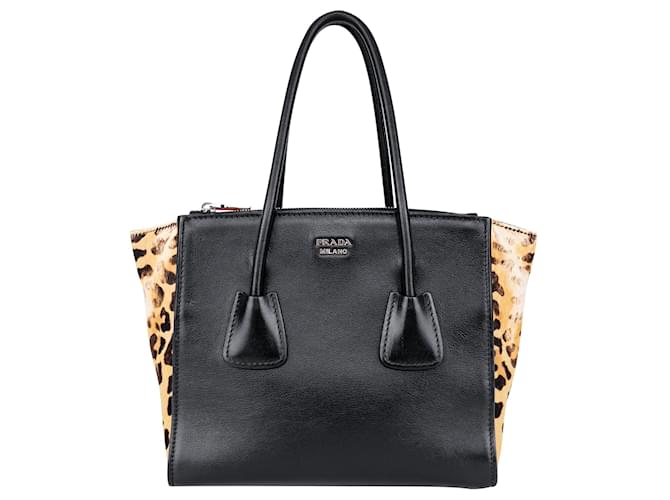 Prada Leopard Print Calf Hair Twin Pocket Tote Black Cloth  ref.1366786