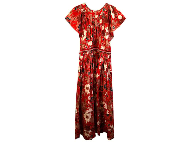 Ulla Johnson Lottie Pleated Floral-Print Midi Dress in Red Cotton  ref.1366802
