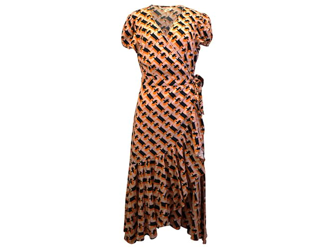 Diane Von Furstenberg Ruffled Printed Midi Wrap Dress in Orange Linen Blend  ref.1366804
