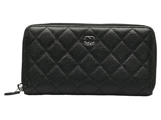 Portefeuille long zippé rond Chanel Caviar Skin Matelassé Coco Mark en très bon état Cuir Noir  ref.1366866