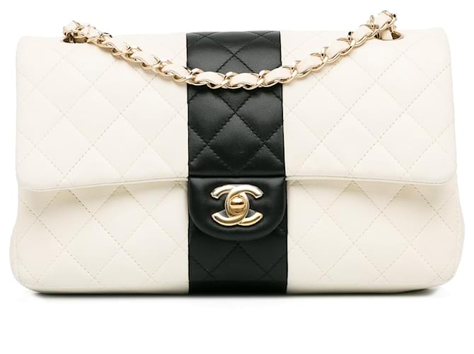 Chanel White Medium Bi-Stripe Classic Lambskin Double Flap Leather  ref.1367133
