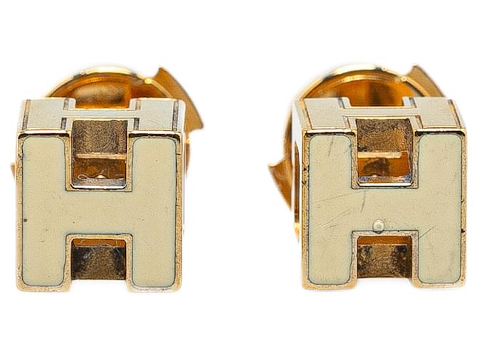 Hermès Gold Cage dH Earrings White Golden Metal Gold-plated Enamel  ref.1367140