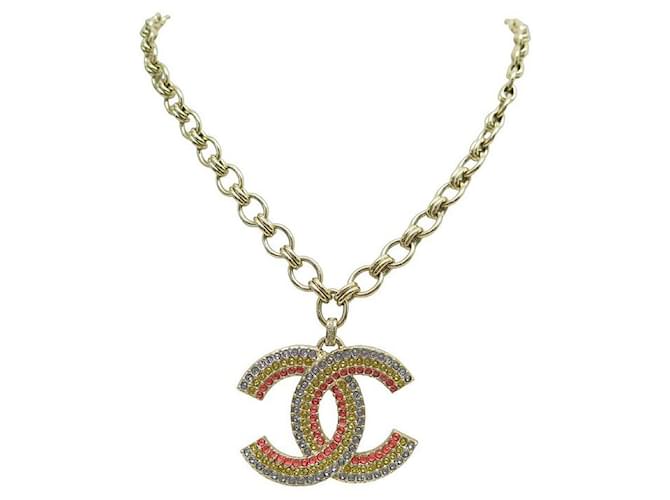 NEW CHANEL NECKLACE CC LOGO STRASS MULTICOLOR 80-84 GOLD METAL NECKLACE Golden  ref.1367873