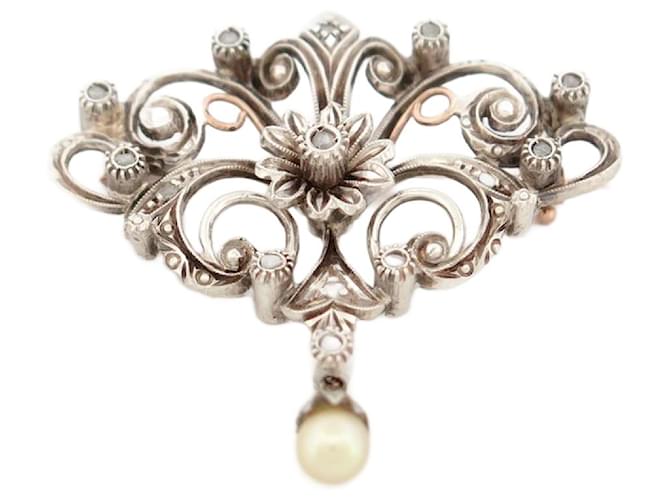 Anderer Schmuck Autre Marque VINTAGE-PERLENQUASTEN-BROSCHE 1850 IN SILBER & 18K GOLD DIAMANTEN-BROSCHE Golden Leder  ref.1367881