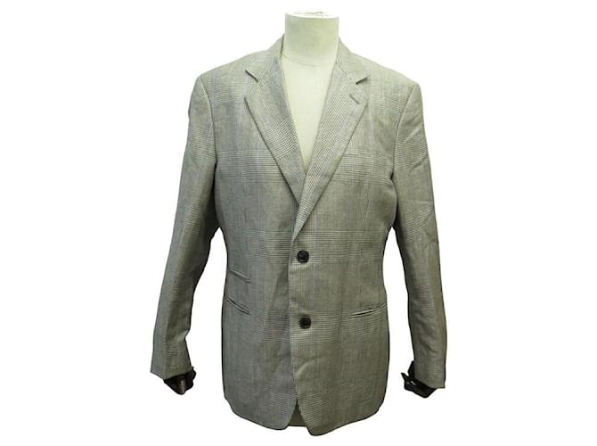 Hermès HERMES CHECKED SUIT JACKET G19821 L GRAY LINEN AND WOOL LINEN JACKET Grey  ref.1367925