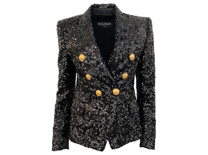 Autre Marque Balmain Black Sequined Double Breasted Jacket with Gold Buttons Polyester  ref.1369025