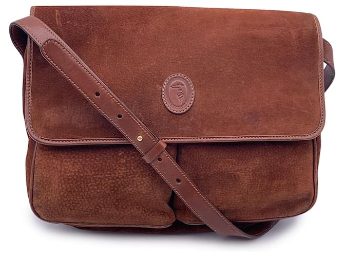 Trussardi Vintage Brown Suede and Leather Messenger Shoulder Bag  ref.1369073