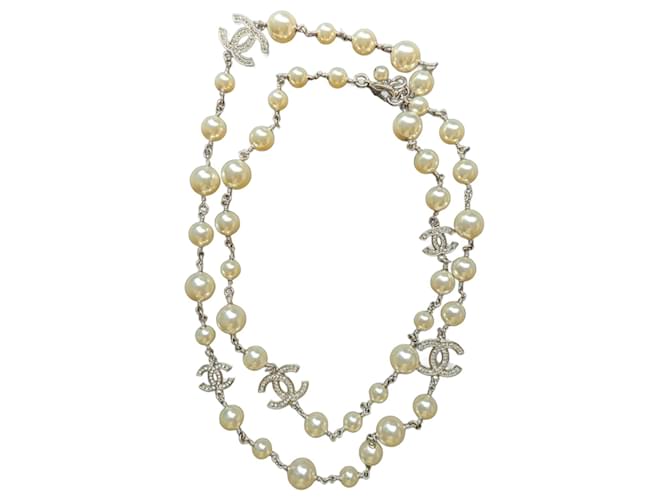 Chanel CC B14V Classic Crystal Logo Pearl Long Necklace Box Receipt Silvery Metal  ref.1369458