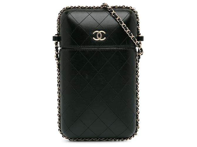 Chanel Soporte para teléfono con cadena alrededor de piel de cordero acolchada CC negra Negro Cuero  ref.1369518