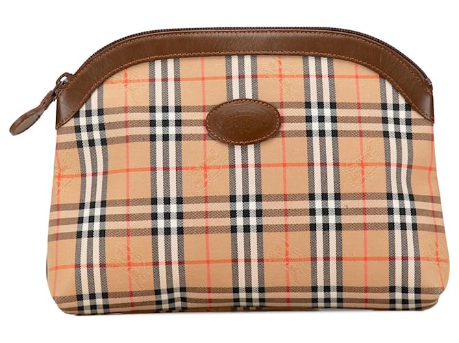 Burberry Brown Haymarket Check Pouch Beige Leather Cloth Pony-style calfskin Cloth  ref.1369531