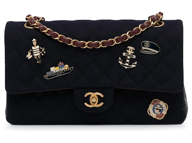 Chanel Blue Medium Classic Wool Paris-Hamburg Charms Double Flap Dark blue Cloth  ref.1369540