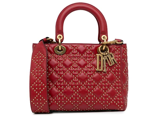 Dior Vermelho Médio Pele de Cordeiro Cannage Cravejado Supple Lady Dior Couro  ref.1369541