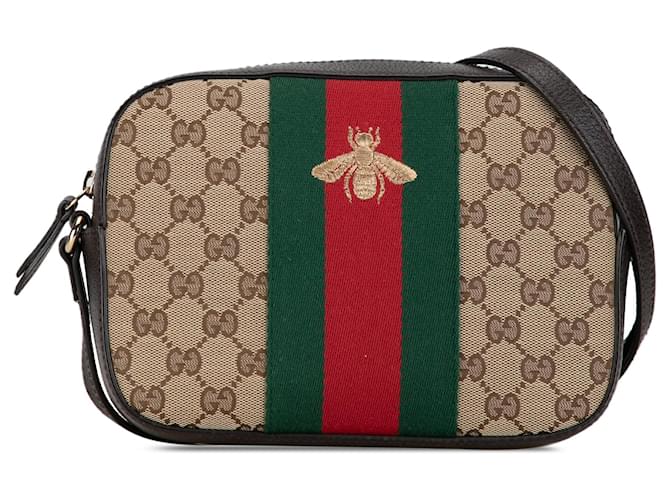 Gucci Marrom GG Canvas Webby Bee Crossbody Castanho escuro Bezerro-como bezerro Pano  ref.1369553