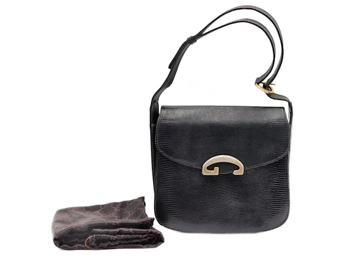 Gucci Vintage Eidechsen-Handtasche Schwarz Leder  ref.1369668