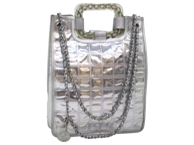 CHANEL Bolso de hombro con cadena Ice Cube Vinilo de 2 vías Plata CC Auth 71650  ref.1370026