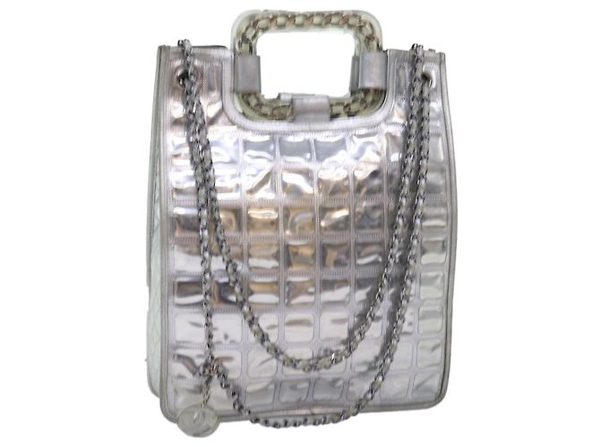 CHANEL Ice Cube Chain Umhängetasche Vinyl 2way Silber CC Auth 71650