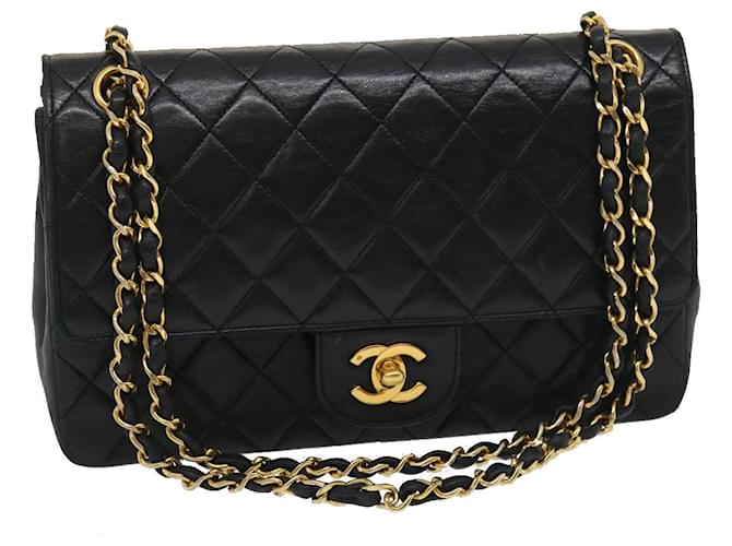 CHANEL Sac à bandoulière à rabat en chaîne doublé Matelasse25 Peau d'agneau Noir Auth CC 67491A Cuir Doré  ref.1370126