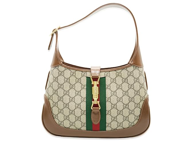 Gucci Marrom Bege GG Lona Pequena 1961 Jackie Hobo Couro  ref.1370258