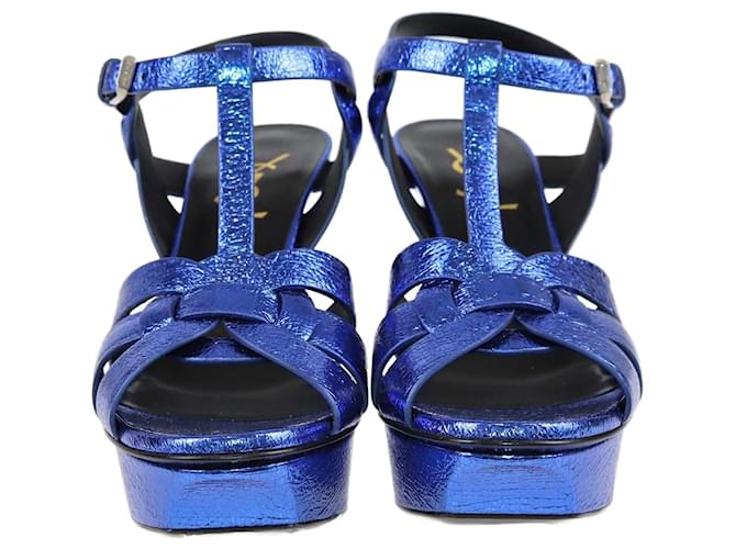 Saint Laurent Metallic Blue Foil Tribute Platform Ankle Strap Sandals Leather  ref.1370340
