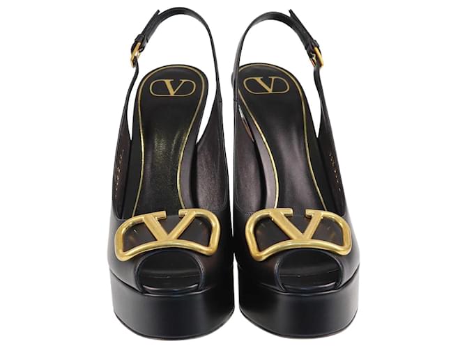 Valentino Black V Logo Platform Peep Toe Sandals Leather  ref.1370346