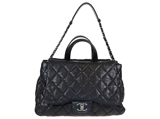 Borsa con manico superiore Chanel trapuntata nera a 3 scomparti Nero Pelle  ref.1370350