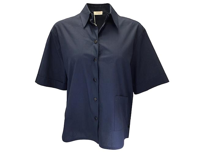 Autre Marque Akris Punto Navy Blue Short Sleeved Button-down Cotton Blouse  ref.1370819