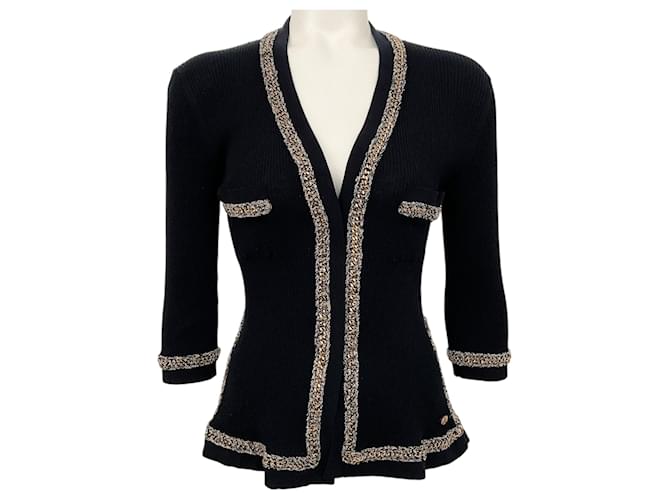 Autre Marque Chanel Black Cotton Ribbed Cardigan with Gold Chain Trim  ref.1370822