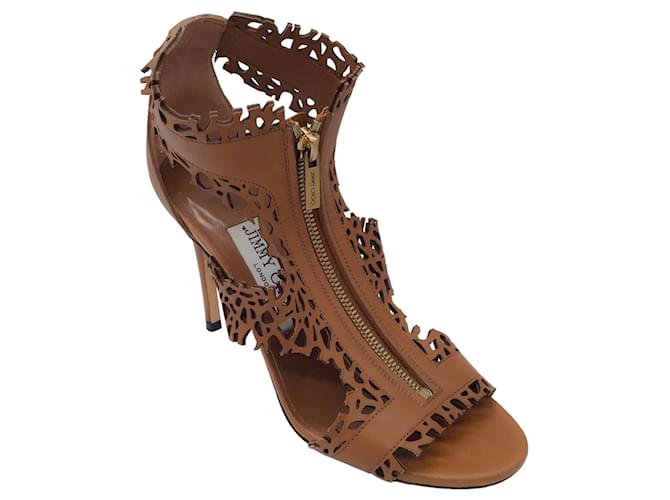 Autre Marque Jimmy Choo Light Brown Zipper Detail Laser-Cut Leather Sandals  ref.1370825