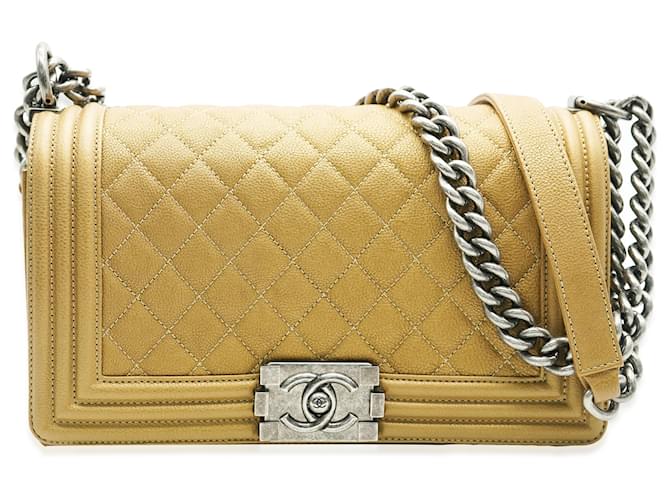 Chanel – Gesteppte Caviar Old Medium Boy-Tasche in Dunkelgold Weißgold  ref.1370850