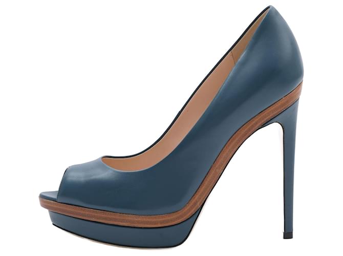 Fendi Cuir Bout Ouvert Couleur Paon Pompe Plateforme Talons Chaussures Taille 39EU Bleu  ref.1370887