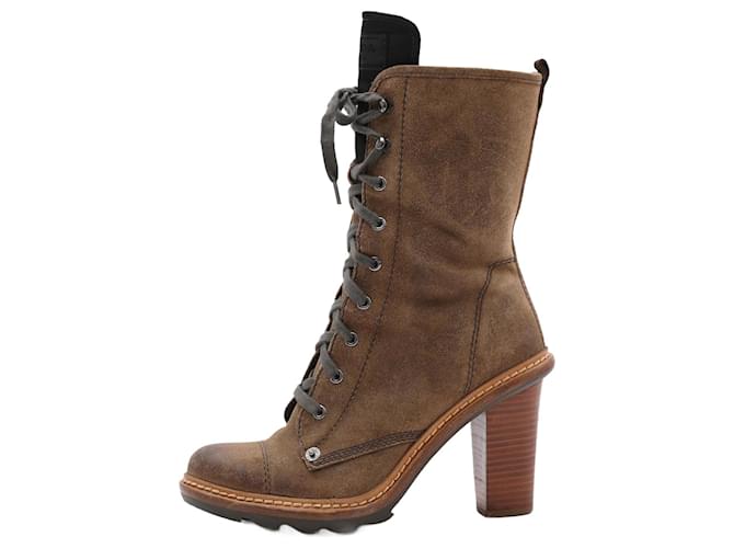 Prada Sport Brown Suede Block Heel Lace Up Mid Calf Boots Size 37.5  ref.1370894